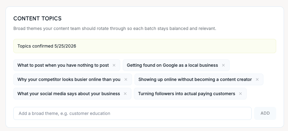 Glow Social content topics generated from a business website