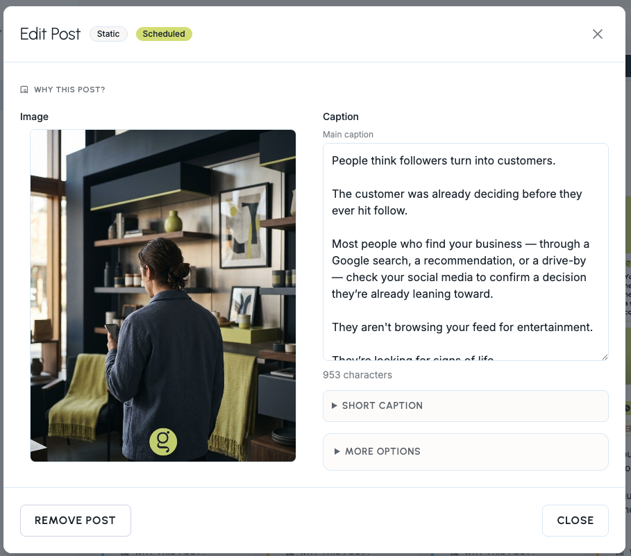 Glow Social post review modal with caption and image editing controls