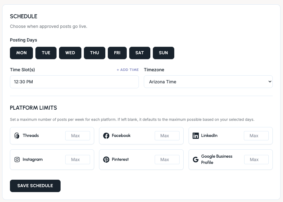 Glow Social schedule view showing approved posts going out
