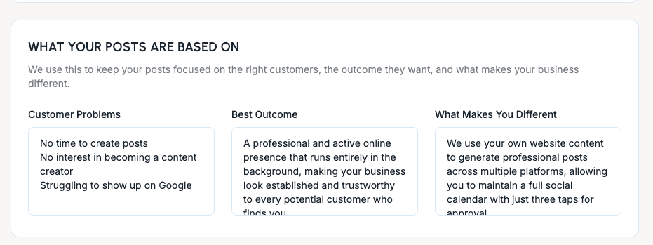Glow Social fields showing what posts are based on